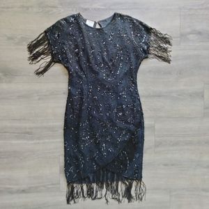 Vintage 80s 90s Stenay Flapper Style Beaded Sequined Mini Silk Party Dress